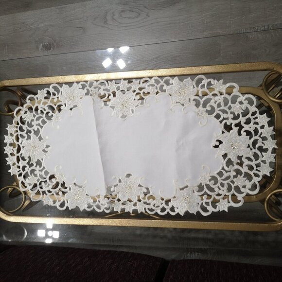 Set of 2 Off White w/ Gold Metallic Thread Trim 12"x27"Decorative Table Runners - Picture 1 of 7